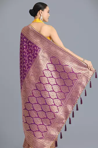 Purple color banarasi silk blend saree with gold zari weaving work