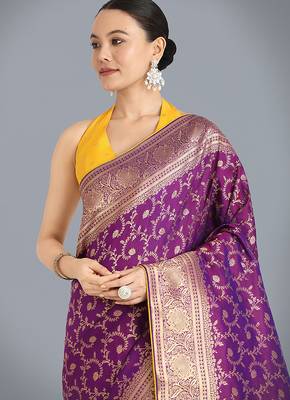 Purple color banarasi silk blend saree with gold zari weaving work 5