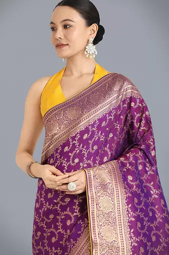 Purple color banarasi silk blend saree with gold zari weaving work