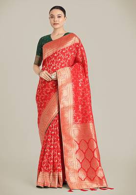 Red color banarasi silk blend saree with gold zari weaving work 1