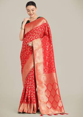 Red color banarasi silk blend saree with gold zari weaving work 2