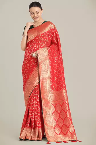 Red color banarasi silk blend saree with gold zari weaving work