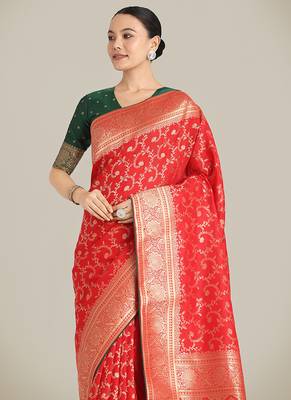 Red color banarasi silk blend saree with gold zari weaving work 3