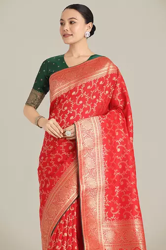 Red color banarasi silk blend saree with gold zari weaving work