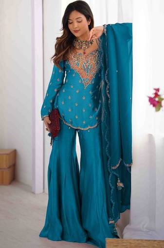 Women's Sky blue Silk Party Wear Sharara Suit Set with Embroidery Work 