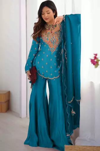 Women's Sky blue Silk Party Wear Sharara Suit Set with Embroidery Work 