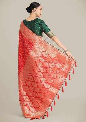 Red color banarasi silk blend saree with gold zari weaving work 4
