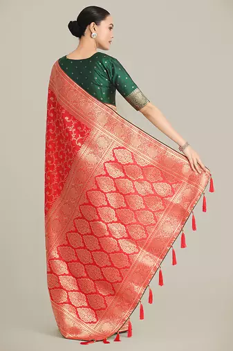 Red color banarasi silk blend saree with gold zari weaving work