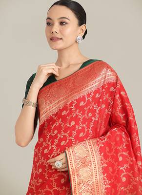 Red color banarasi silk blend saree with gold zari weaving work 5