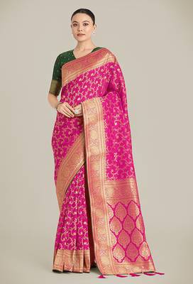 Rani Pink color banarasi silk blend saree with gold zari weaving work 1