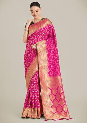 Rani Pink color banarasi silk blend saree with gold zari weaving work 2