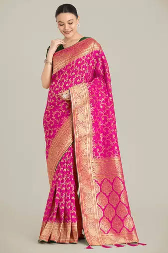 Rani Pink color banarasi silk blend saree with gold zari weaving work