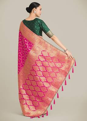 Rani Pink color banarasi silk blend saree with gold zari weaving work 3