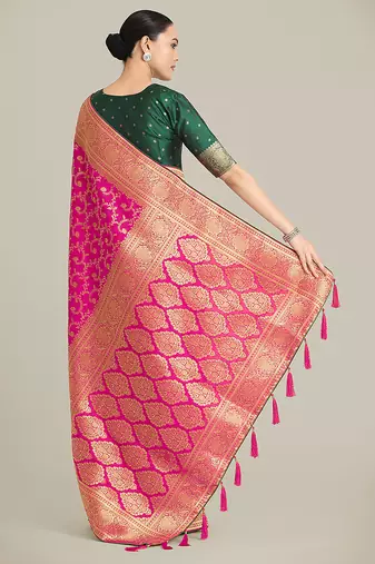 Rani Pink color banarasi silk blend saree with gold zari weaving work