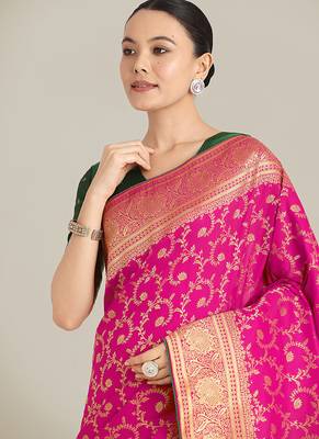 Rani Pink color banarasi silk blend saree with gold zari weaving work 5