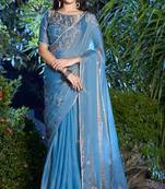 Teal blue heavy sequin embroidered work fendy two tone silk saree sari