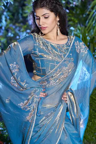 Teal blue heavy sequin embroidered work fendy two tone silk saree sari