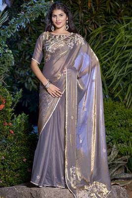 Grey heavy sequin embroidered work fendy two tone silk saree sari 1