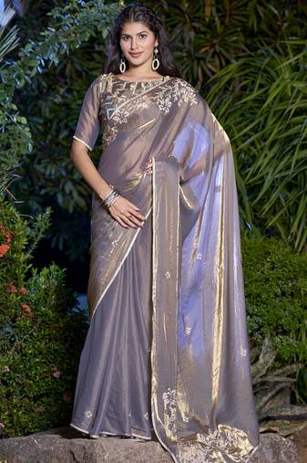 Grey heavy sequin embroidered work fendy two tone silk saree sari