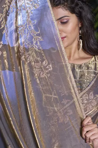 Grey heavy sequin embroidered work fendy two tone silk saree sari