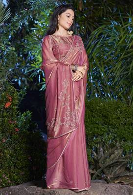 Onion pink heavy sequin embroidered work fendy two tone silk saree sari 2
