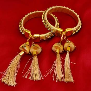 gold plated brass satin silk wrapped kundan hanging jhumki design bangle set 1