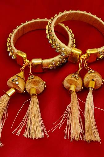 gold plated brass satin silk wrapped kundan hanging jhumki design bangle set