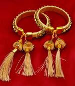 gold plated brass satin silk wrapped kundan hanging jhumki design bangle set