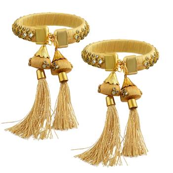 gold plated brass satin silk wrapped kundan hanging jhumki design bangle set 2