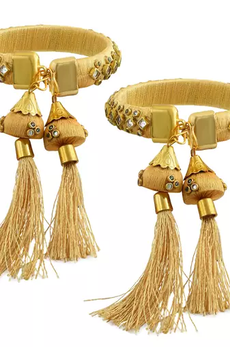 gold plated brass satin silk wrapped kundan hanging jhumki design bangle set