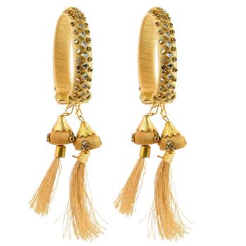 gold plated brass satin silk wrapped kundan hanging jhumki design bangle set 3