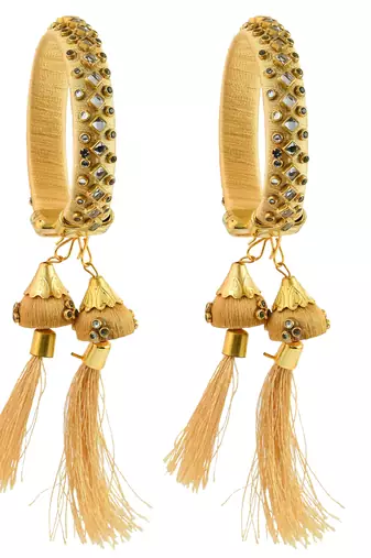 gold plated brass satin silk wrapped kundan hanging jhumki design bangle set