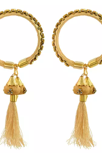 gold plated brass satin silk wrapped kundan hanging jhumki design bangle set