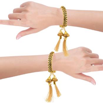 gold plated brass satin silk wrapped kundan hanging jhumki design bangle set 5