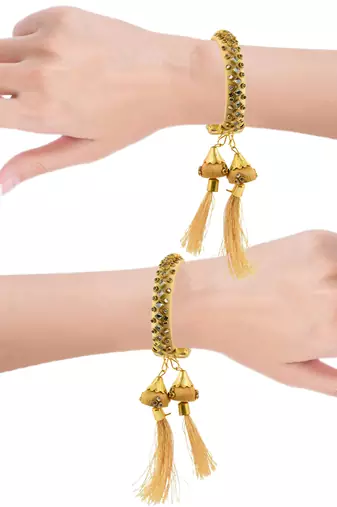 gold plated brass satin silk wrapped kundan hanging jhumki design bangle set