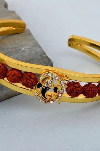 gold plated om and black enamel ganesh original panchmukhi rudraksh bangle