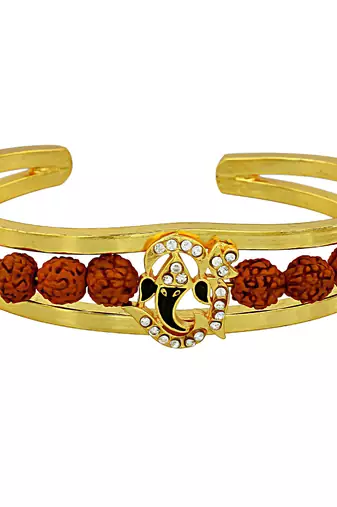 gold plated om and black enamel ganesh original panchmukhi rudraksh bangle