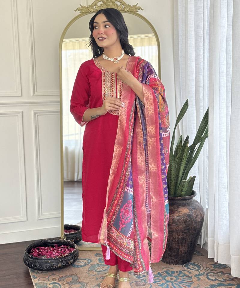 Red Chanderi silk kurta set for women with dupatta