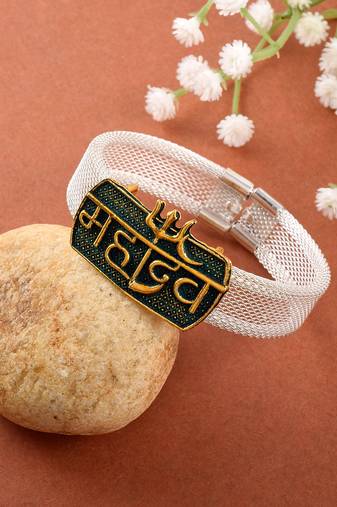brass anti tarnish silver plated mahadev shiv adjustable kada cuff bracelet