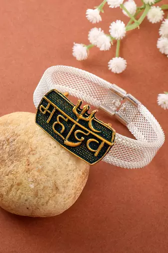 brass anti tarnish silver plated mahadev shiv adjustable kada cuff bracelet