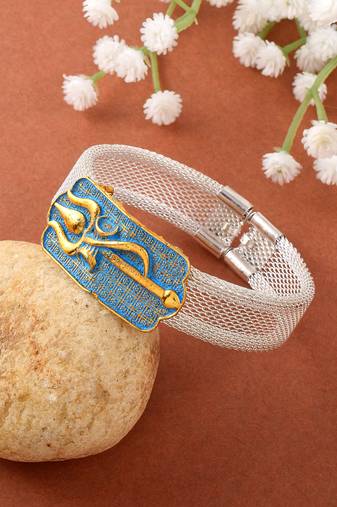 brass anti tarnish silver plated trishul damru shiv adjustable kada cuff bracelet hindu spiritual jewellery (kdni8277)
