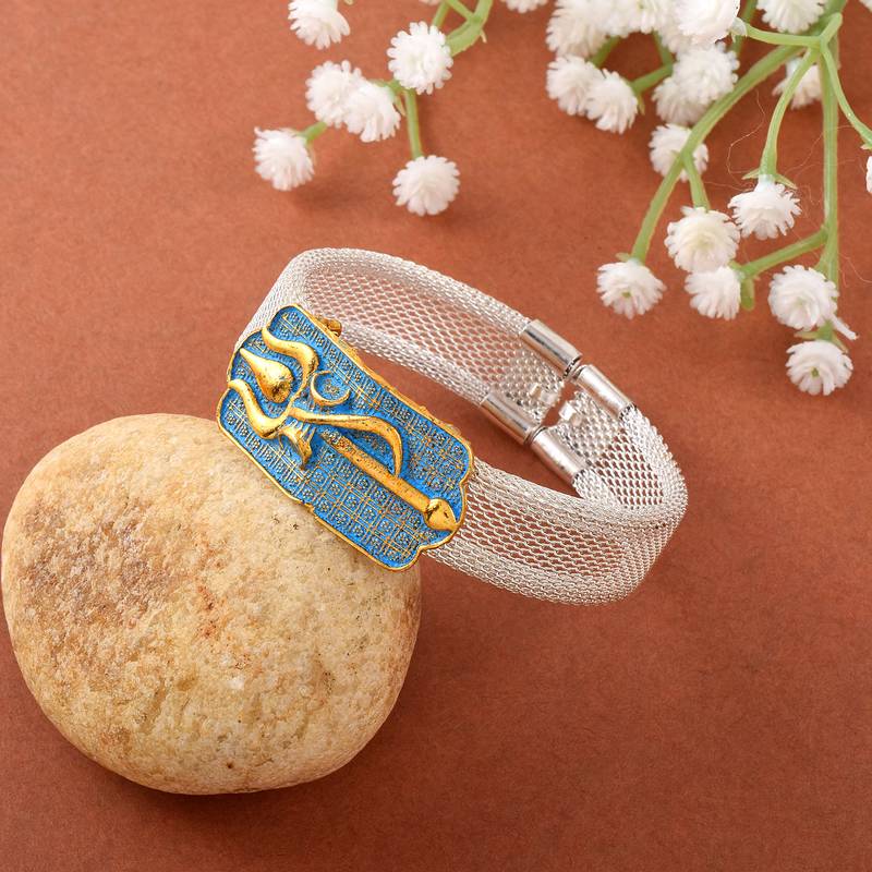 brass anti tarnish silver plated trishul damru shiv adjustable kada cuff bracelet hindu spiritual jewellery (kdni8277)