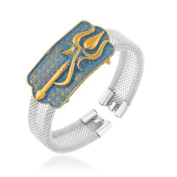 brass anti tarnish silver plated trishul damru shiv adjustable kada cuff bracelet hindu spiritual jewellery (kdni8277) 2
