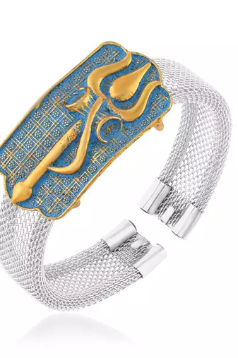 brass anti tarnish silver plated trishul damru shiv adjustable kada cuff bracelet hindu spiritual jewellery (kdni8277)