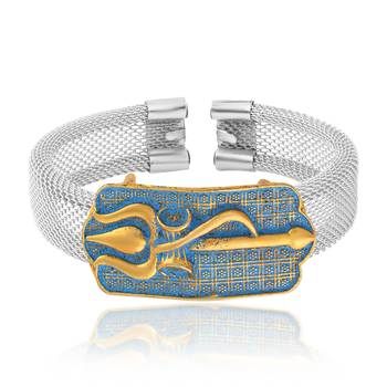 brass anti tarnish silver plated trishul damru shiv adjustable kada cuff bracelet hindu spiritual jewellery (kdni8277) 3