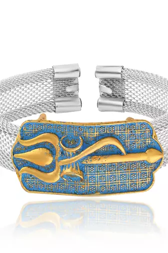 brass anti tarnish silver plated trishul damru shiv adjustable kada cuff bracelet hindu spiritual jewellery (kdni8277)