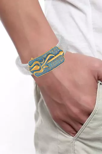 brass anti tarnish silver plated trishul damru shiv adjustable kada cuff bracelet hindu spiritual jewellery (kdni8277)