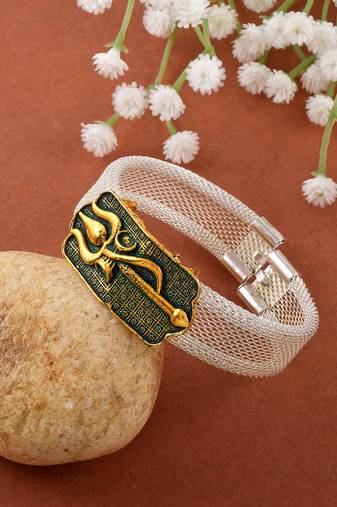 brass anti tarnish silver plated trishul damru shiva adjustable kada cuff bracelet