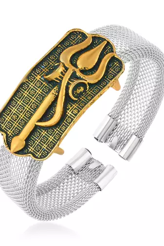 brass anti tarnish silver plated trishul damru shiva adjustable kada cuff bracelet