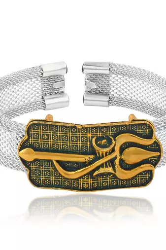 brass anti tarnish silver plated trishul damru shiva adjustable kada cuff bracelet